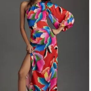 FARM RIO ONE-SHOULDER SLIM FLORAL MIDI DRESS